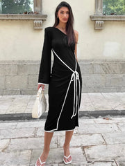 Lunivop Contrast Color One Sleeve Sexy Midi Dress For Women Autumn Black Patchwork Backless Bandage Slim Elegant Dress Clothes