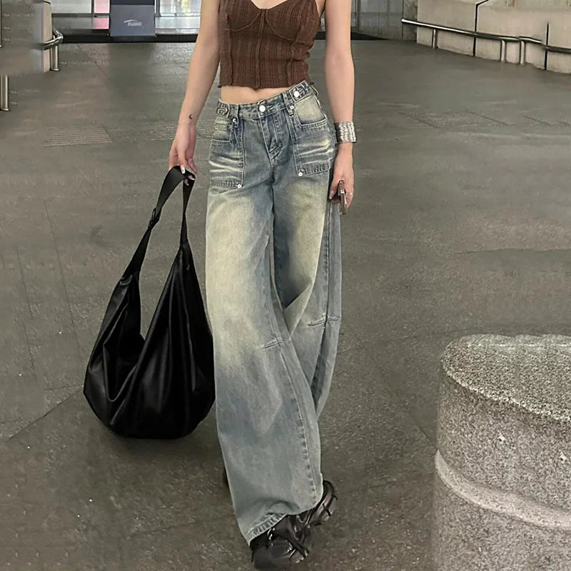 Lunivop  Vintage Y2K Loose Wide Leg Jeans Women Casual High Waist Washed Straight Leg Denim Pants Spring Summer Slimming Baggy Trousers