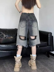 Lunivop  Washed Gradient Hole Denim Shorts American Street High Waist Black Jeans Women Y2k E-Girl Loose Knee-Length Wide Leg