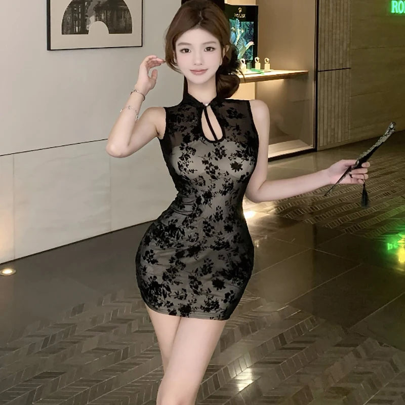 Lunivop  Women Korean Vintage Hepburn Prom Clothes Summer Black Mesh Jacquard Sleeveless Dress Elegant Bodycon Hip Wrap Sexy Dresses