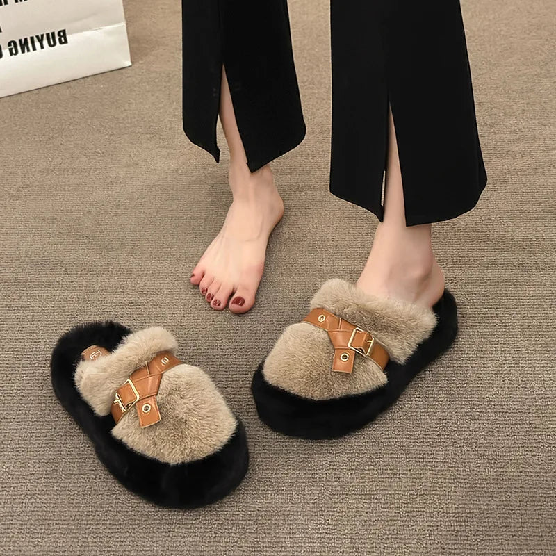 Lunivop Slippers Casual Flock  Platform Shoes New Fur Flip Flops Cover Toe Slipers Women Slides Luxury Plush Flat Rubber Slippers