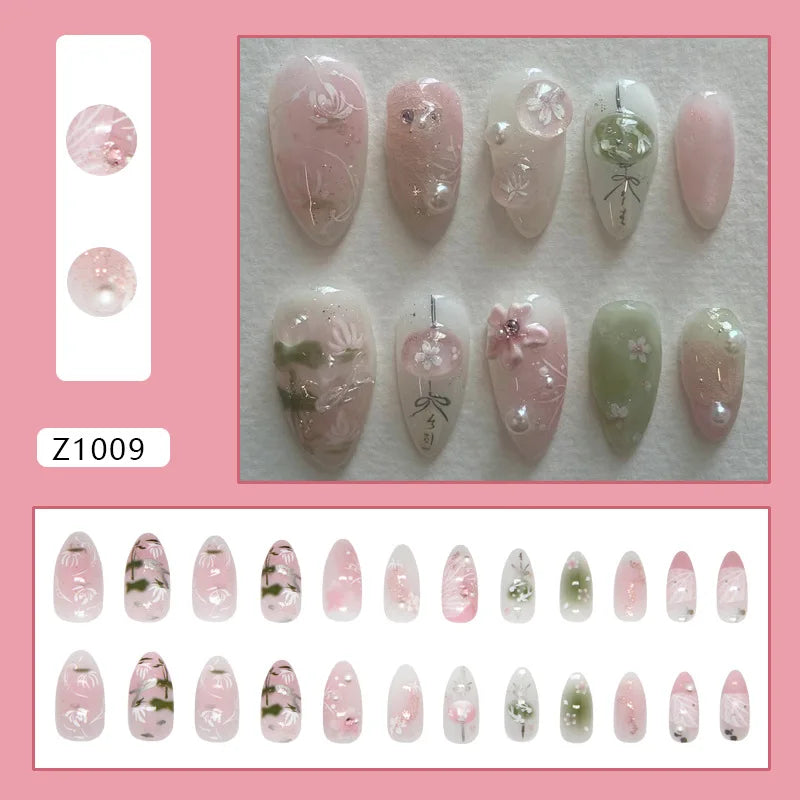 Lunivop  24pcs Summer Sweet Pink Roses Flower Medium Long Almond Nail Art Nails Set Press on Acyrlic Fake Nails Set Nail Tips with Charms