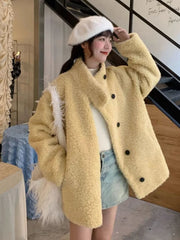 Lunivop Japan Cute Faux Lamb Coat Women Loose Long Sleeve Winter Warm Retro Jacket Casual Stand Collar Preppy Style Pockets New Top
