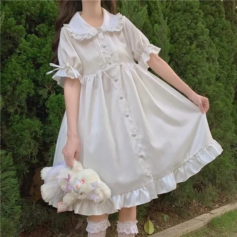 Lunivop  Japanese Lolita White Dress Summer Puff Sleeve Ruffles Dress Preppy Style Kawaii Sweet Fairy Peter Pan Collar Women Midi Dresses