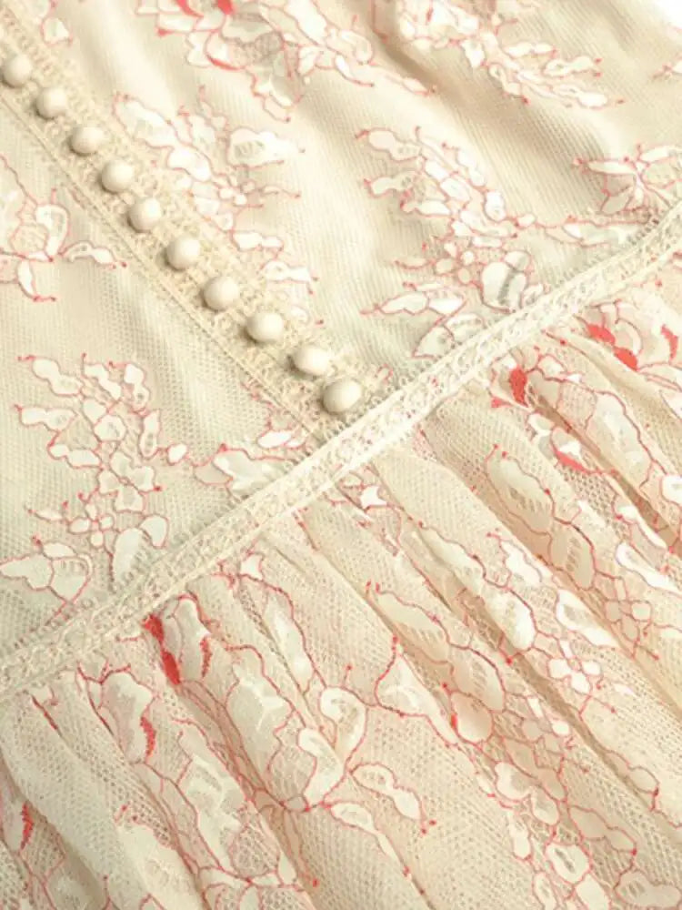 Lunivop Solid Lace Printing Design Women's Dresses Stand Collar High Waist Long Sleeve Elegant Dress Female Autumn 2025 New