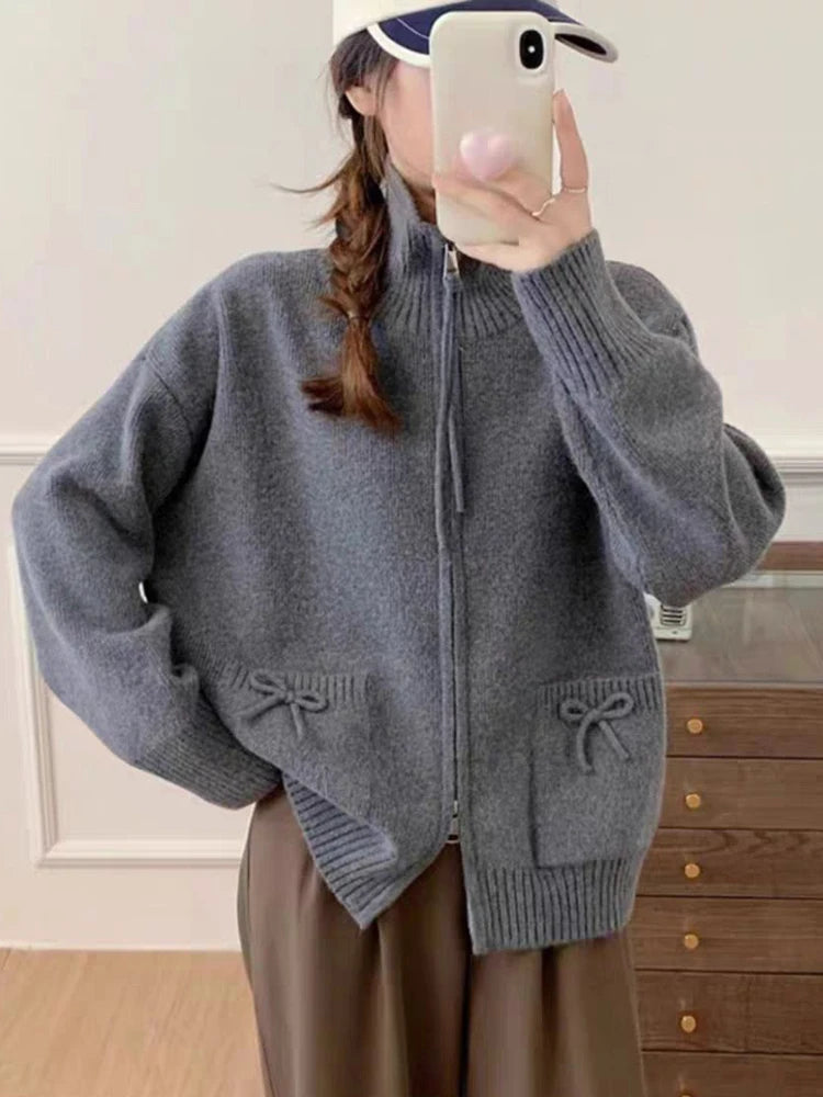 Lunivop Korean Bow Cardigan Women Lazy Wind Double Zipper Long Sleeve Knitted Jacket Vintage Sweet Casual Preppy Style Tops Coat