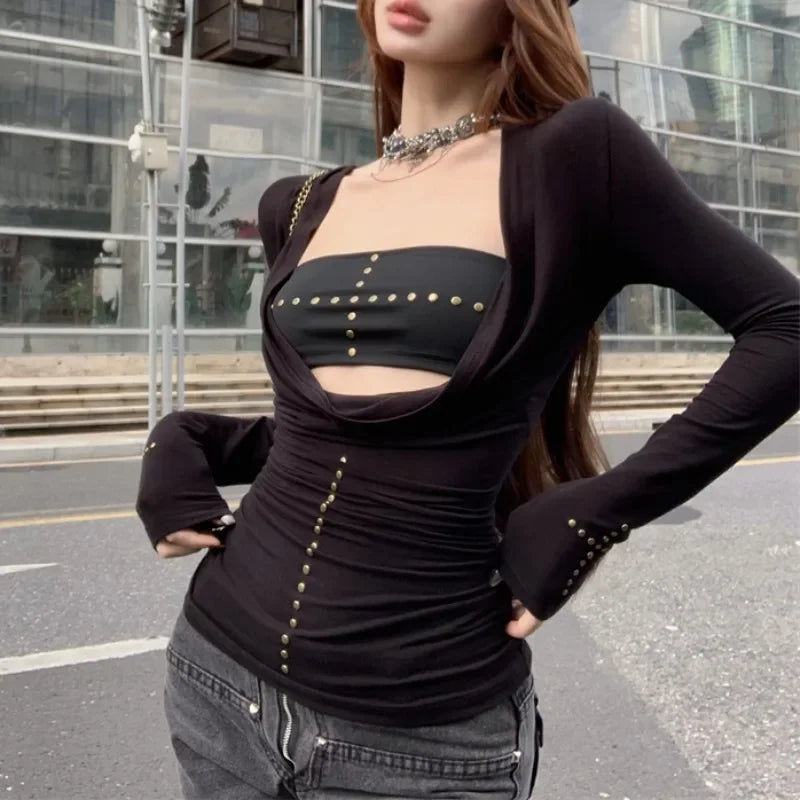 Lunivop Autumn New Deep V-neck Pleated Sexy Slim Rivets Long-sleeved T-shirt Women + Black All-match Tube Tops Two-piece Suit