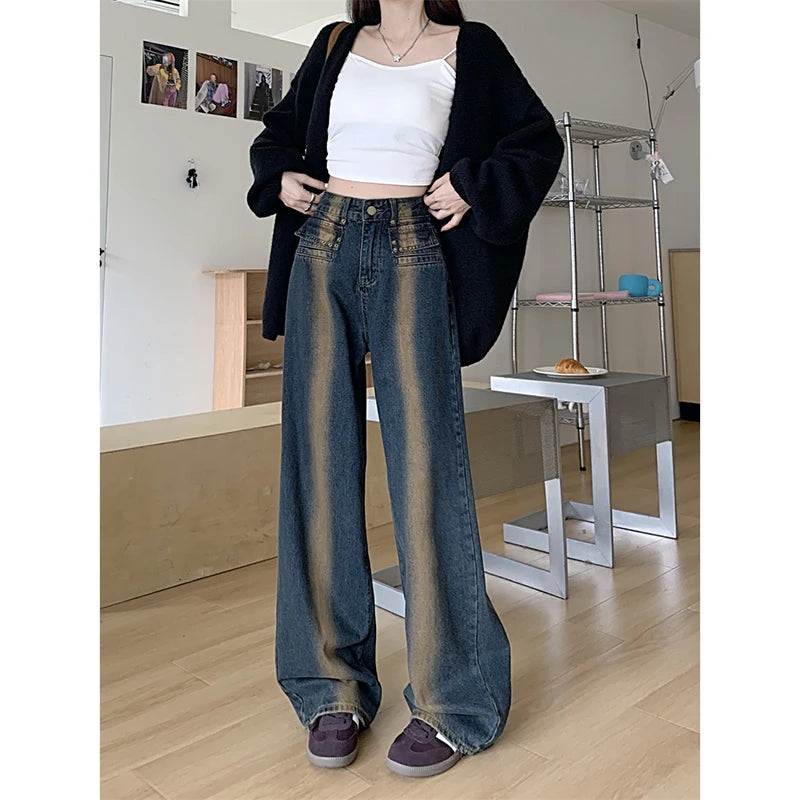 Lunivop Autumn Korean Y2K Fashion Dye Vintage Blue Baggy Jeans Pants For Women Clothes High Waist Hip Hop Lady Trousers De Mujer