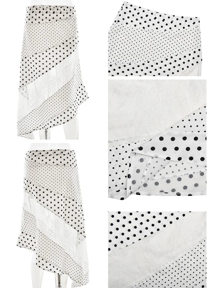 Lunivop   Polka Dot Patchwork Sheer Lace Midi Skirt Women Summer Clothes A-Line Asymmetric Long Skirt Beach Vacation Chic Streetwear