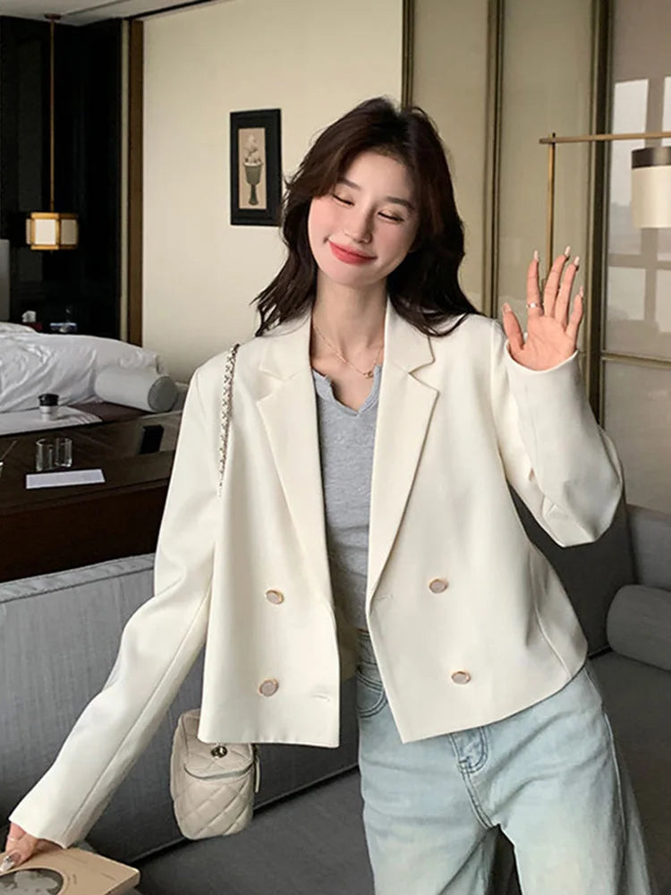 Lunivop Elegant White Blazer Women Slim Long Sleeve Korean Sweet Suit Coat Casual Fashion Fall Double Breasted Female Chic Short Outwear