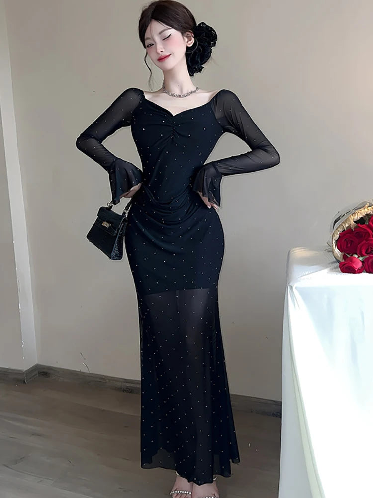 Lunivop  Spring Summer Red Mesh Diamonds Polka Dot Dress Women Long Sleeve Elegant Luxury Dress Gown Korean Vintage Bodycon Vestidos