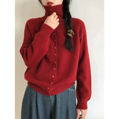 Lunivop High Neck Button Down Cardigan Women Long Sleeve Knitted Sweater Jacket Cozy Knitwear Teen-girl Fall Winter Basic Chic Knitwear