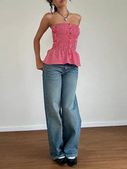 Lunivop  Y2k Red Gingham Crop Top Womean Sexy Strapless Ruffle Hem Sleeveless Button Cami Coquette Aesthetic Plaid Print Crop Top Summer