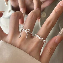 Lunivop Romantic Lovely Silver Color Bow Tie Ribbon Rings for Women Exquisite Fashion Geometric Lines Open Finger Ring Jewelry Gift