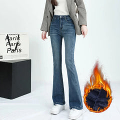 Lunivop  Winter Snow Warm Female Thin Casual Jeans Girls Thermal Fleece Flared Pants Lady Korean High Waist Straight Leg Trousers