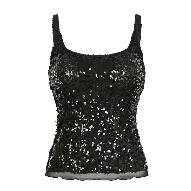 Lunivop   Black Sequined Crop Top Sexy See Through Sleeveless Skinny Club Party Camisole Women Vintage 2000s Tee y2k Aesthetic Vest
