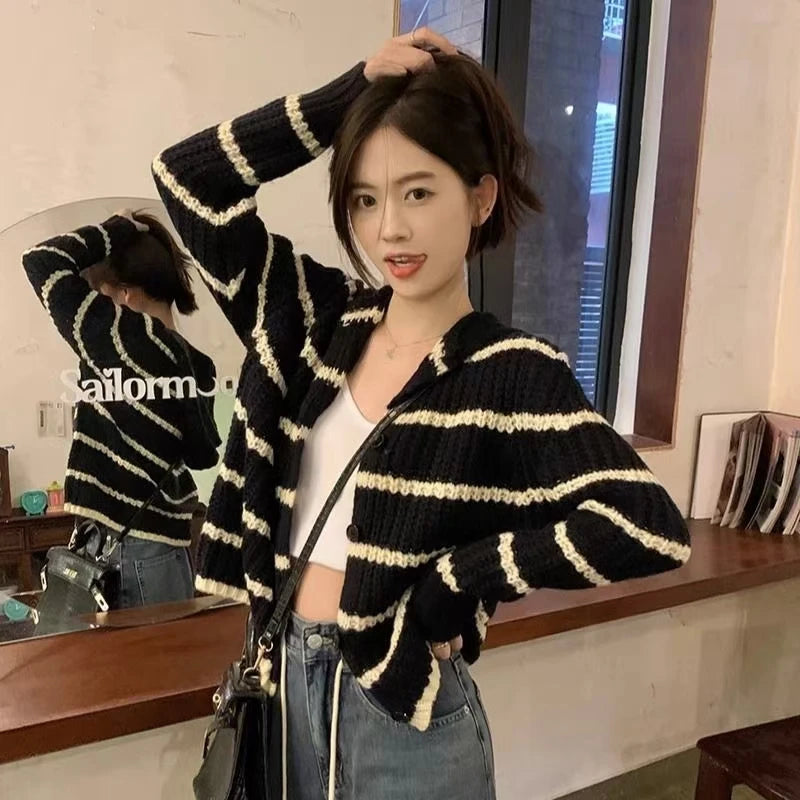 Lunivop Button Front Striped Hood Cardigan Sweater for Women Long Sleeve Button-up Knitted Sweater Jacket Fall Winter Casual Outfit