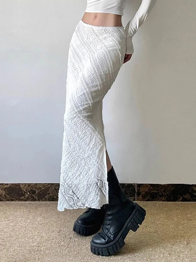 Lunivop  Elegant White Lace Long Skirt Women Vintage Slim Sexy Slit Streetwear Skirts Summer Retro High Waist Design Lady Long Skirt