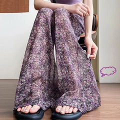 Lunivop  Women's Floral Wide-Leg Pants Elastic Waist Sheer Casual Trousers for Daily the dress black dress white dress