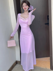 Lunivop  Women Blue Mesh Patchwork Lace Square Collar Long Dress Summer Elegant Casual Dress with Long Sleeve Korean Bodycon Dresses