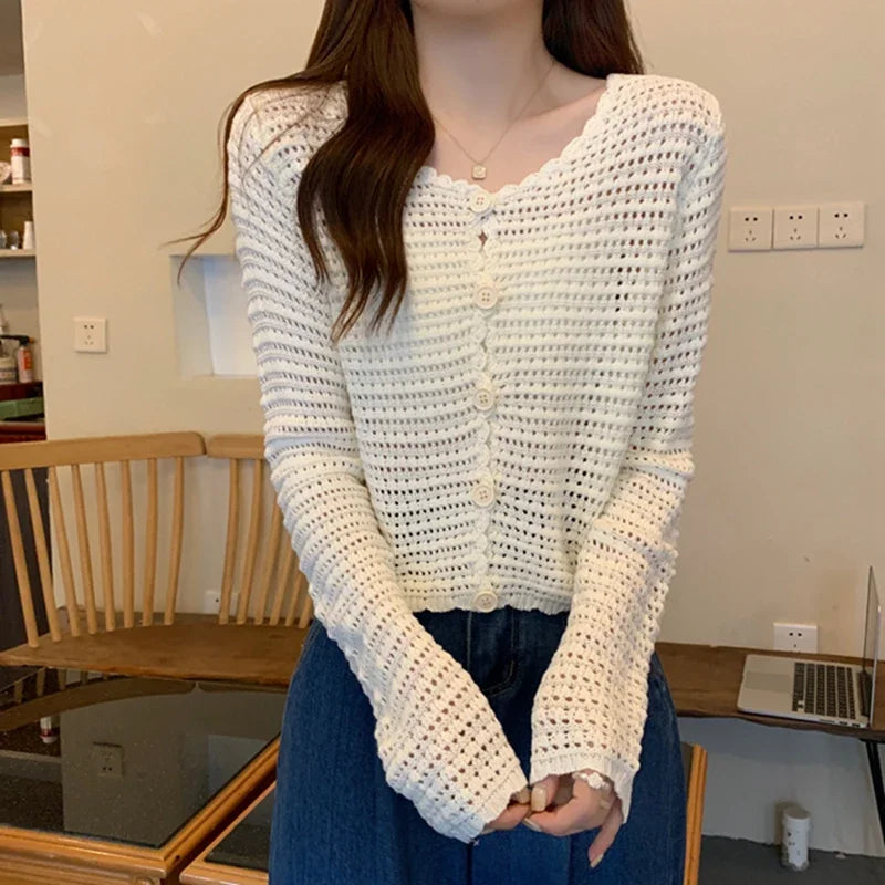 Lunivop Women Button Up Short Cardigan Knitted Shirt Hollow Out Crochet Crop Top Long Sleeved Thin Cover Up Teen-girl Casual Outfit