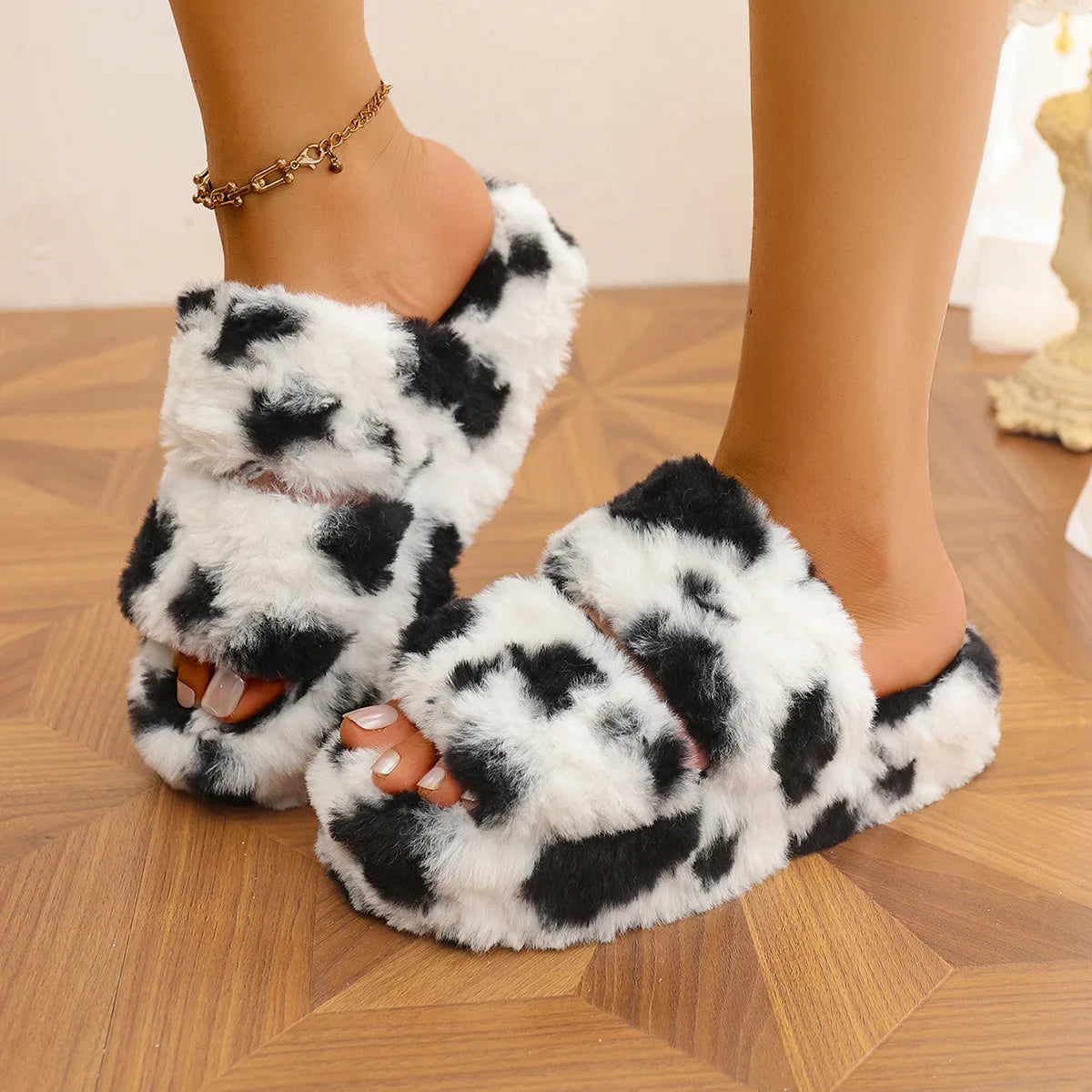 Lunivop  Women Platform Fluffy Slippers Autumn Winter House Shoes Warm Faux Fur Thick Sole Open Toe Girls Home Floor Street Cotton Slides