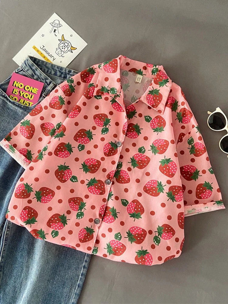 Lunivop Cute Strawberry Loose Shirt Women Casual Preppy Style Kawaii Blouse Summer Short Sleeve Vintage Japan Female New Tops