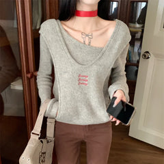 Lunivop Vintage Letters Embroidery Casual Hooded Long-sleeved Sweater Women Autumn New High Street Sexy Strapless Gray Knitted Tops