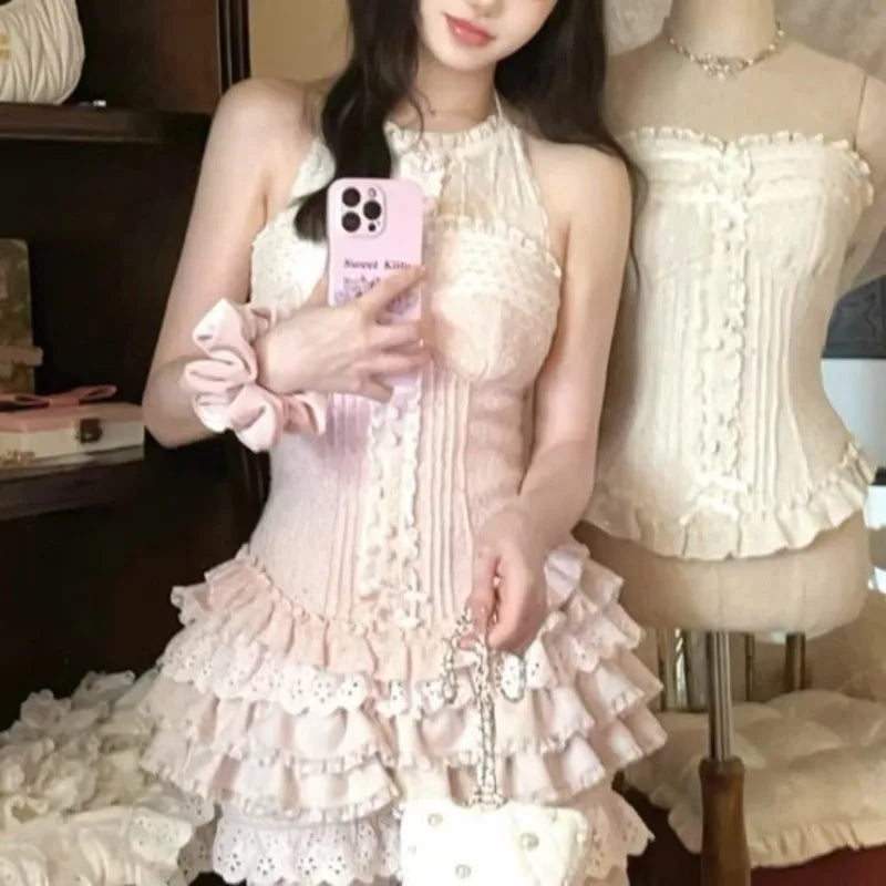 Lunivop  Mesh Patchwork Bow Slim Fit Sleeveless Vest Top for Women+ Fashion Sweet Ruched Cake Skirts 2025 Summer New Two Piece Sets