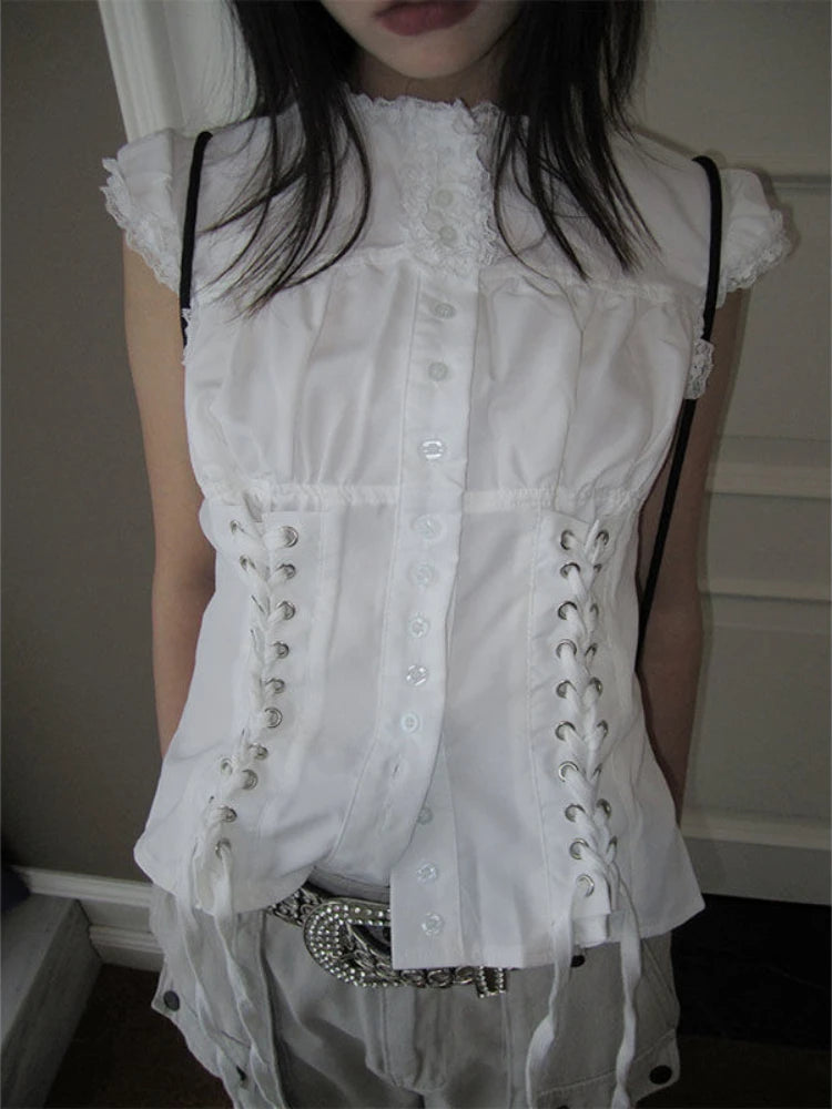 Lunivop  Subculture Y2k Aesthetics Pleated Tshirt Grunge Gothic Skull Print T-Shirts Gothic 2000s Tops O-neck Blouses Japanese Harajuku
