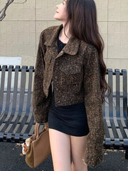 Lunivop Y2K Cropped Leopard Denim Jacket Women Vintage Streetwear Long Sleeve Slim Short Coat American Harajuku Female Hip Hop Tops