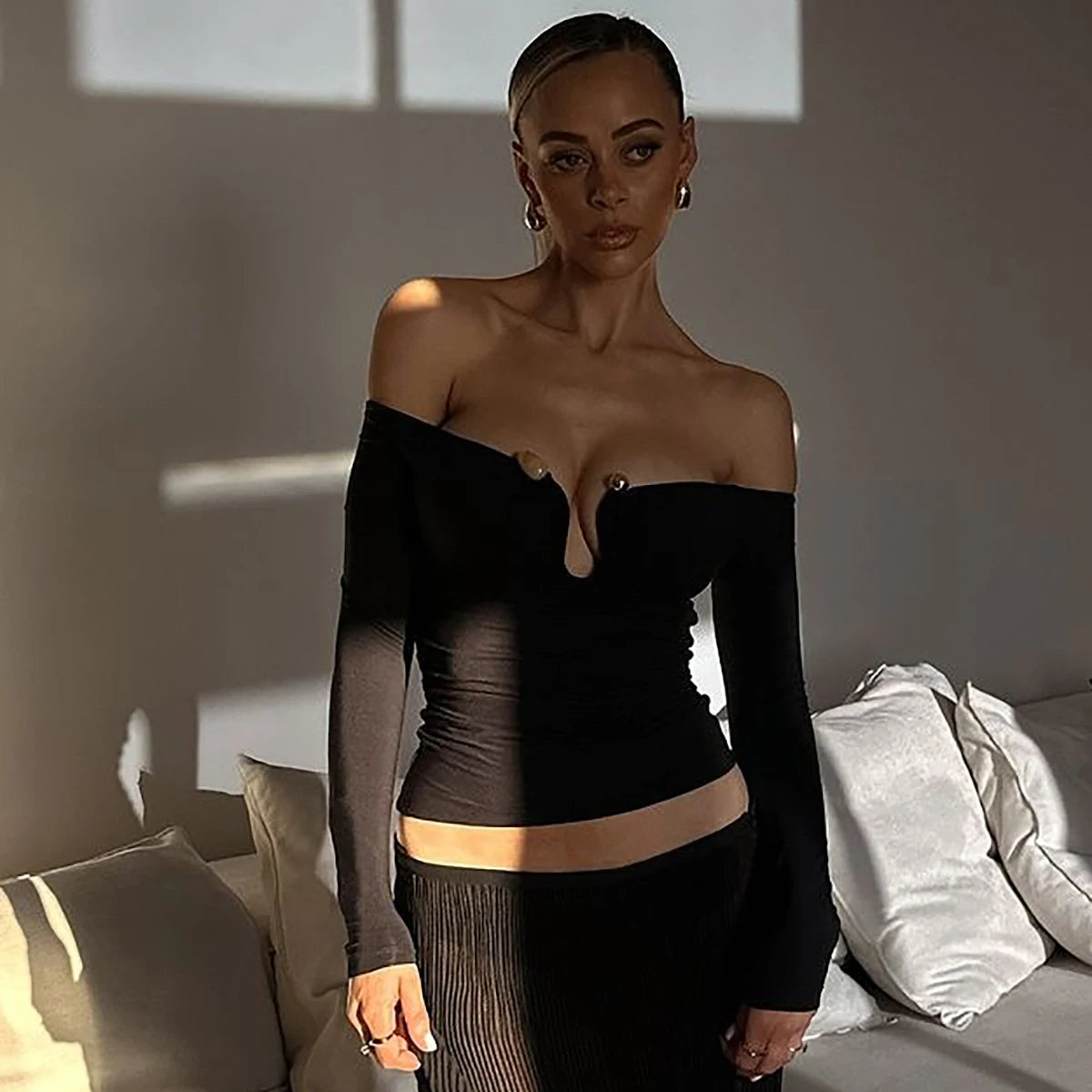 Lunivop Off The Shoulder Long Sleeve Hollow Out Slim Women'S Tops Tshirt Y2K Streetwear Casual Clothing Wholesale Korean