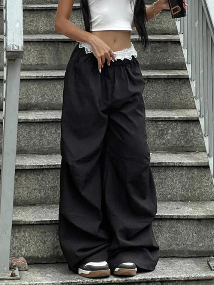 Lunivop Vintage Lace Patchwork Pants Women Y2k Streetwear Low Rise Wide Leg Trousers Korean Fashion Casual Black Baggy Pants