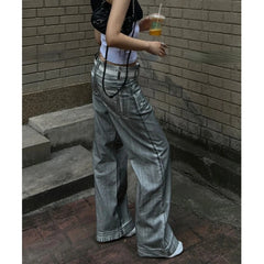 Lunivop Streetwear Bleached Distressed Casual Jeans Women Spring New High Waist Multi-button Loose Denim Wide Leg Pants