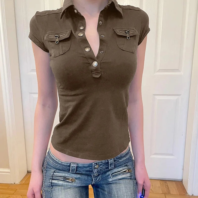 Lunivop Korean Style Turn-down Collar Crop Tops For Women 2025 Summer Slim White T Shirts Woman Buttons Tees Short Sleeve Tshirt Mujer