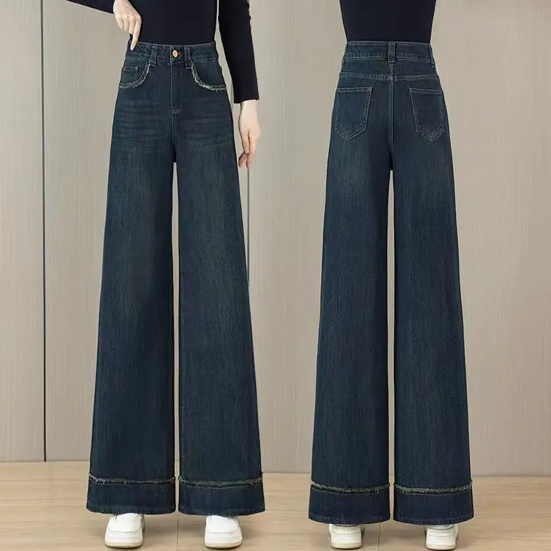 Lunivop  Vintage Blue Wide Leg Jeans for Women Spring Autumn New High Waist Loose Fit Slim Fashion Casual Straight Long Pants
