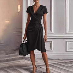 Lunivop  ﻿ Women's Chic Ruched Wrap V Neck Midi Dress Long Sleeve Asymmetric Hem Formal Gown for Elegant Office Work Commute