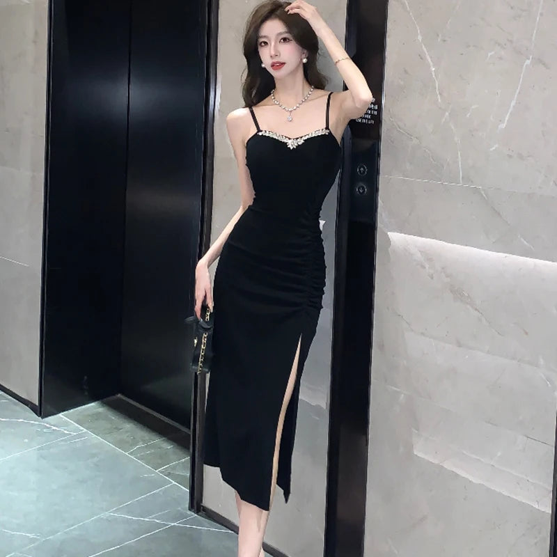 Lunivop  Women Black Elegant Diamonds Square Collar Sling Long Dress Korean Vintage Luxury Evening Dress Summer Bodycon Party Dress