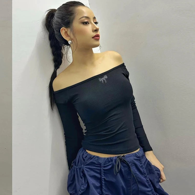 Lunivop Diamond Rhinestone Knit Rib Off The Shoudler Backless Stretch Hollow Out Tank Crop Top T Shirt Casual Streetwear Outfit