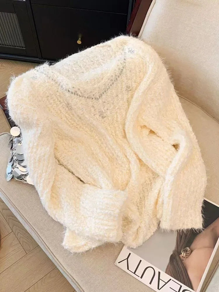 Lunivop Pink Sweet Knitted Sweaters Women Fashion Lazy Wind Diamond Elegant Jumper Korean Chic Long Sleeve Loose Fall Winter Pullovers