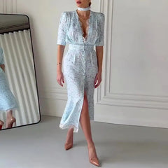 Lunivop  Chic Lace Trimmed Printed Dress Women Elegant Deep V-neck Waist Cinching Split Short Sleeve Maxi Dress Lady Party Vestidos