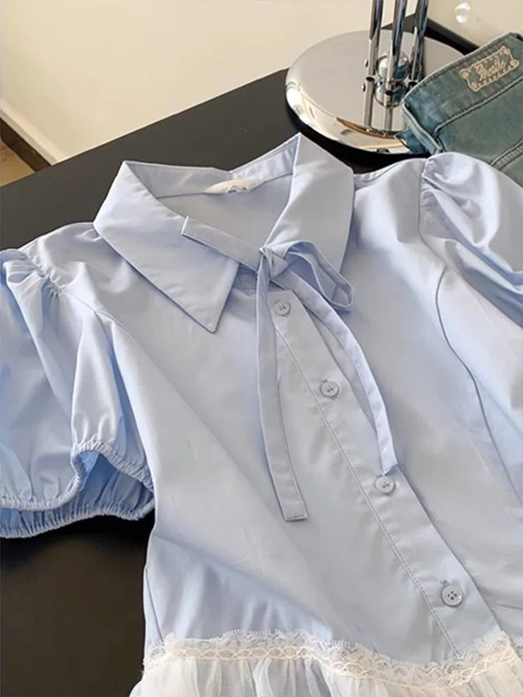Lunivop  Casual Sweet Blue Shirt Women Cute Lace Patchwork Bow Blouse Vintage French Preppy Style Short Sleeve Elegant Kawaii Tops