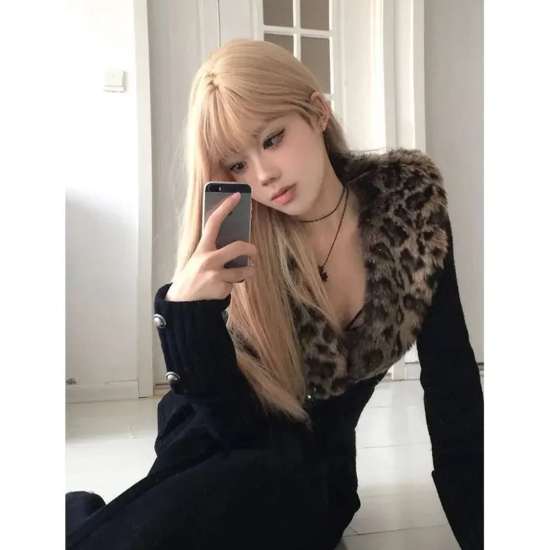 Lunivop Japanese Leopard Knitted Cardigan Sexy Vintage Y2k V-neck Sweaters Long Sleeve Autumn Winter Streetwear Slim Cardigan