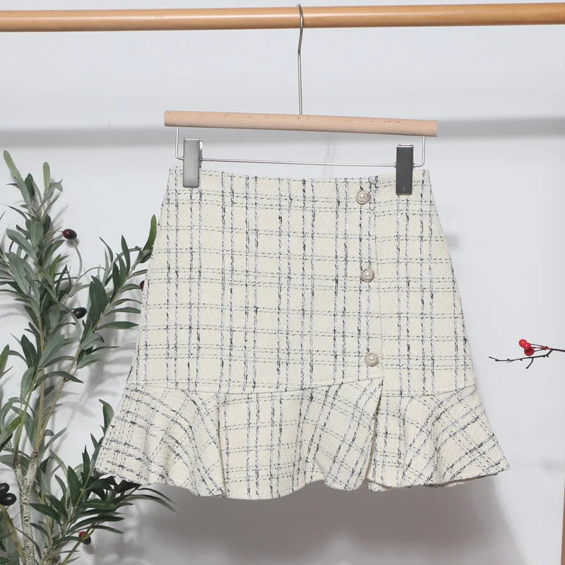 Lunivop  Autumn Winter Small Fragrance Plaid Skirts Y2k Aesthetic High Waist Spliced Lrregular Mermaid Short Skirt Korean Elegant Jupe