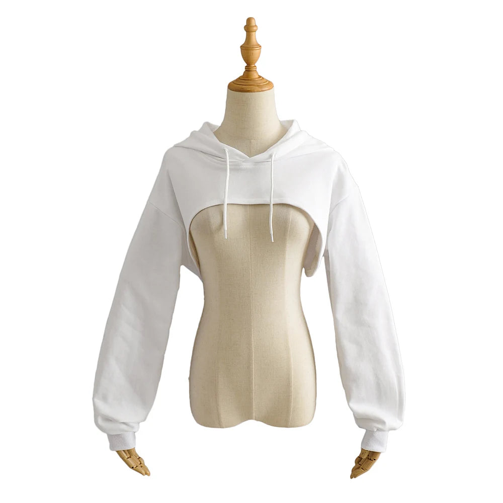 Lunivop  Autumn Rope Hooded Long Sleeve Hoodies Extra Cropped Sweatshirt Cape Women High Waist Casual Jumper Short Sweats Gray White