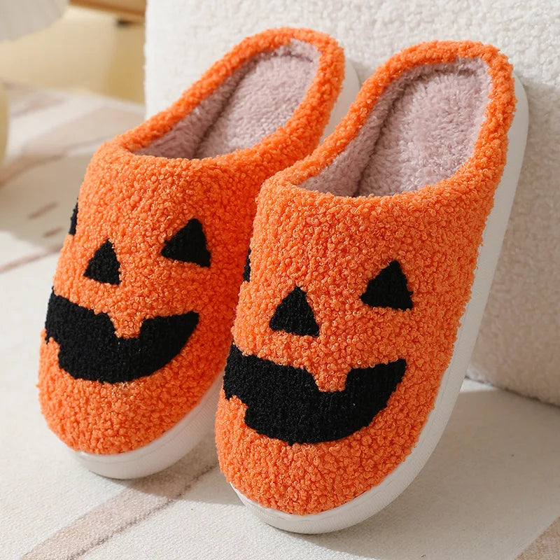 Lunivop Winter Halloween Ghost Face Pattern Cotton Slippers for Men Women Home Flats Non-slip Warm Funny Cartoon Cotton Slipper