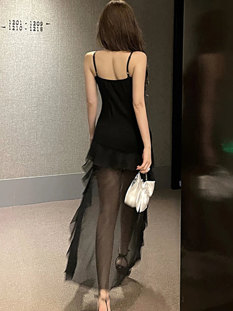 Lunivop  Black Patchwork Mesh Ruffled Sexy Club Dress Summer Pleated Bodycon Sling Dress Women Korean Vintage Hepburn Evening Dress