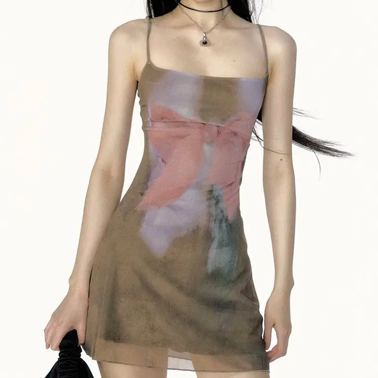 Lunivop  Moda Summer French Harajuku Sling Short Dress Y2k Aesthetic All Match Bow Print Women Cloth French Slim Mesh Zip Up Dresses