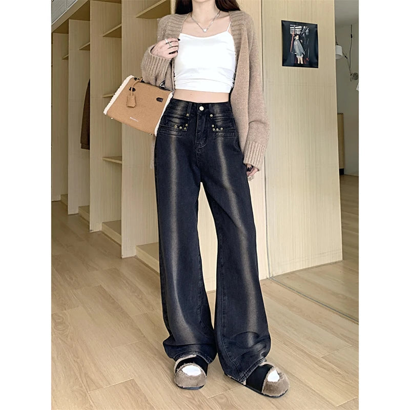 Lunivop Autumn Korean Y2K Fashion Dye Vintage Blue Baggy Jeans Pants For Women Clothes High Waist Hip Hop Lady Trousers De Mujer