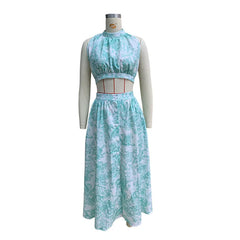 Lunivop  Women Two Piece of Print Party Tie Waist Halter Top Botton Skirt Sexy Backless Outfit 2024 Sleeveless Blouse Skirt Set
